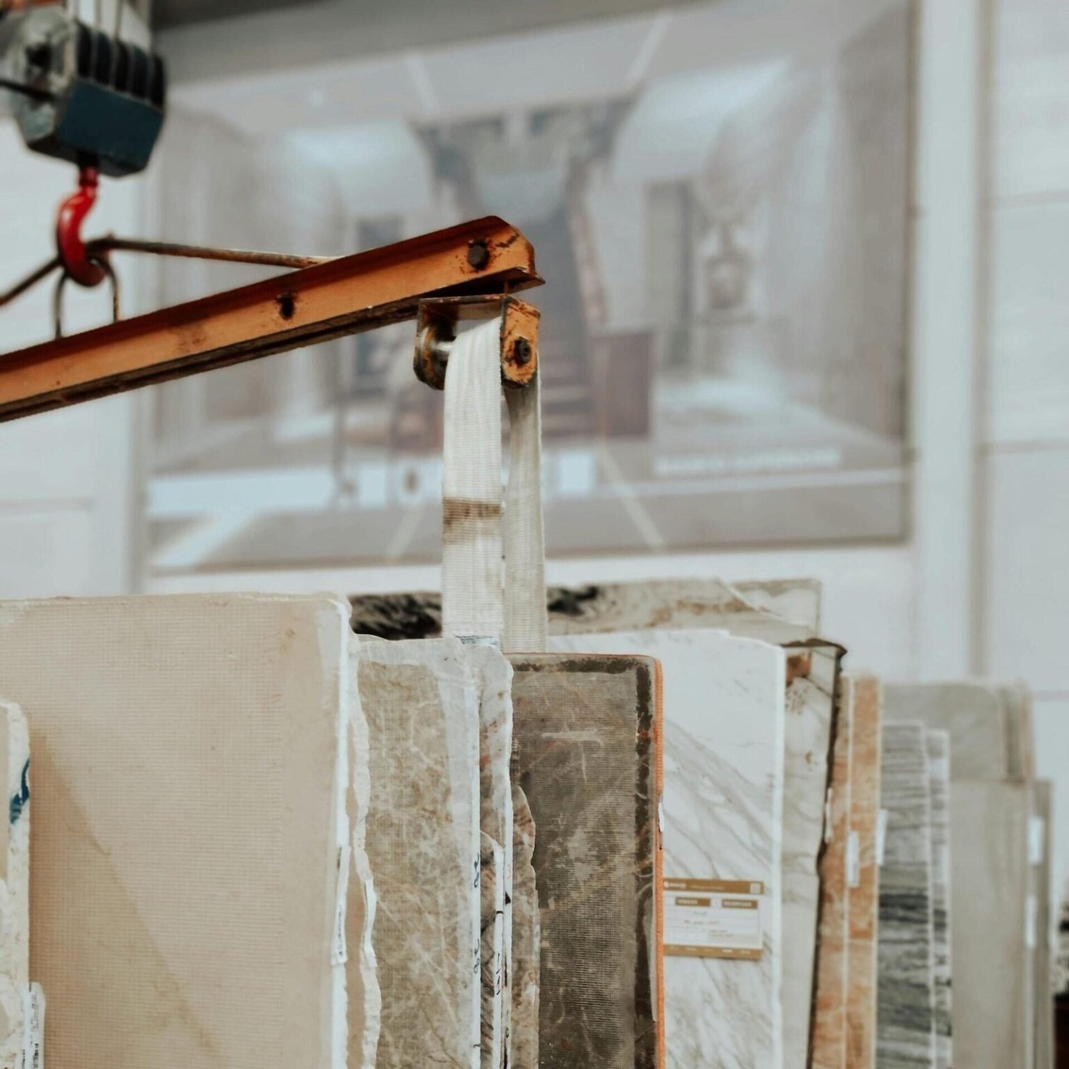 Stock construcción 74 – Girona Placas de mármol y piedra natural almacenadas en vertical junto a una grúa